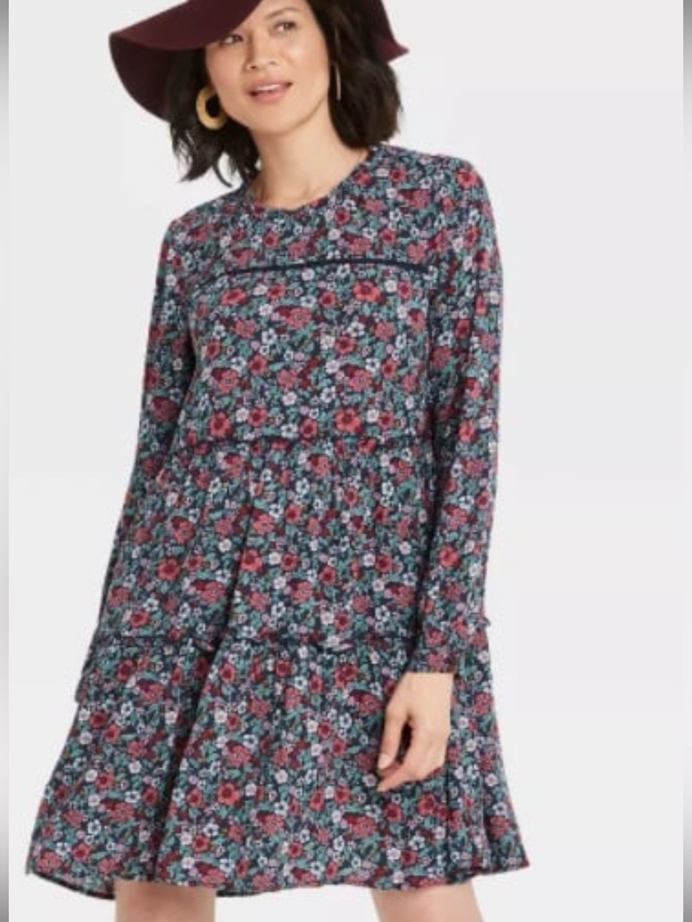 Knox Rose long-sleeve tiered babydoll Floral dress in shades of blue Sz XXL